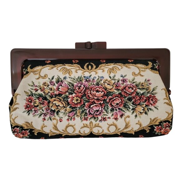 Vintage Floral Tapestry Hinged Clutch Purse Handbag Lucite Kiss Lock Hong Kong - Picture 2 of 8